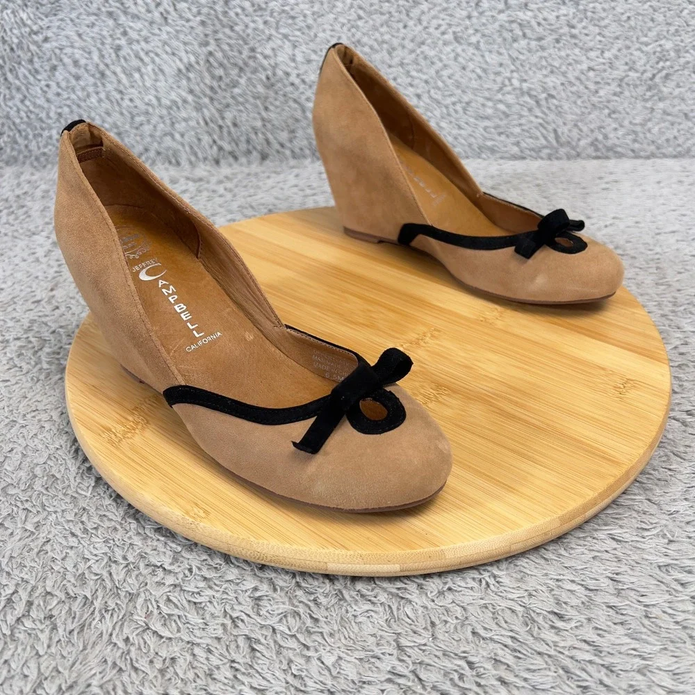 Jeffrey Campbell LadyLike Tan Suede Wedge Pumps Bow Womens Size 6.5 New Havana